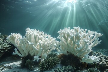 Fototapeta na wymiar Serene underwater scene of coral bleaching, with white corals bathed in sunrays piercing the blue ocean.