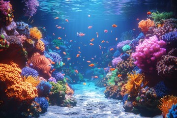 A vivid and bustling coral reef, full of life and color, with various fish swimming among the multicolored corals illuminated by sunlight from above.