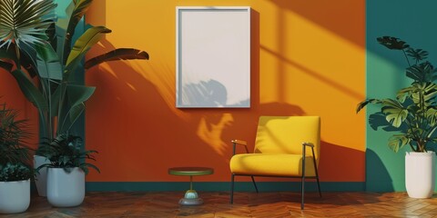 A room with a yellow chair and a white wall
