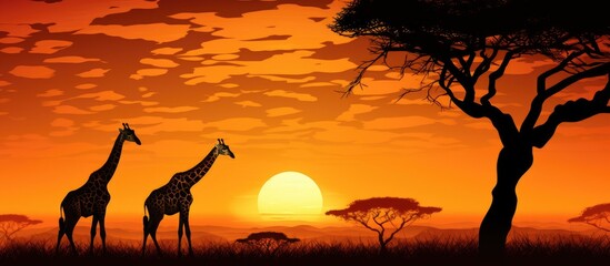 Graceful giraffes in the savannah at sunset, their tall silhouettes against the horizon next to a tree