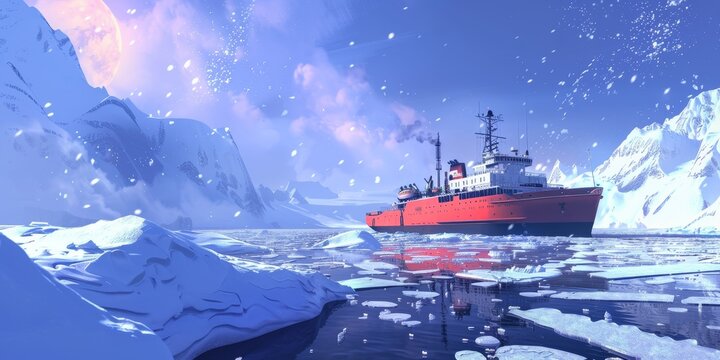 A red ship is sailing through a snowy ocean. The sky is cloudy and the sun is setting