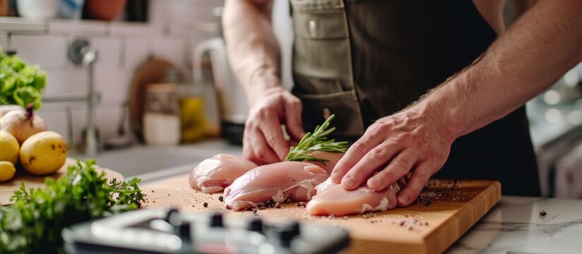 A person is carefully cutting up some meat on a wooden cutting board placed on a kitchen countertop