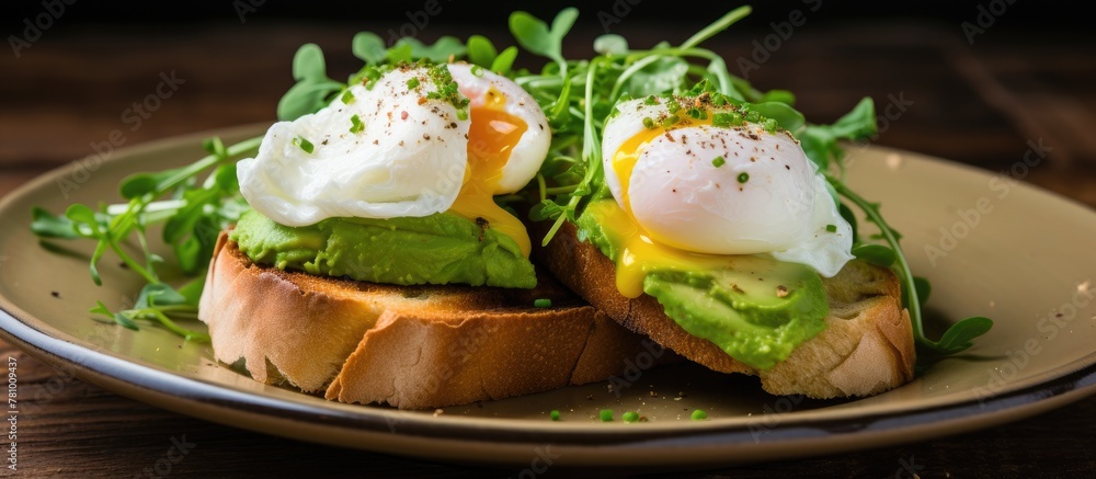 Poster on a plate sit two slices of bread adorned with fresh avocado and cooked eggs, creating a simple yet