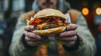 Person holding a burger with bacon, cheese, tomato - obrazy, fototapety, plakaty