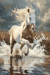 portrait oil painting features  a majestic  white horse galloping in the river, luxury vintage moody farmhouse wall art, digital art print, wallpaper, background - obrazy, fototapety, plakaty