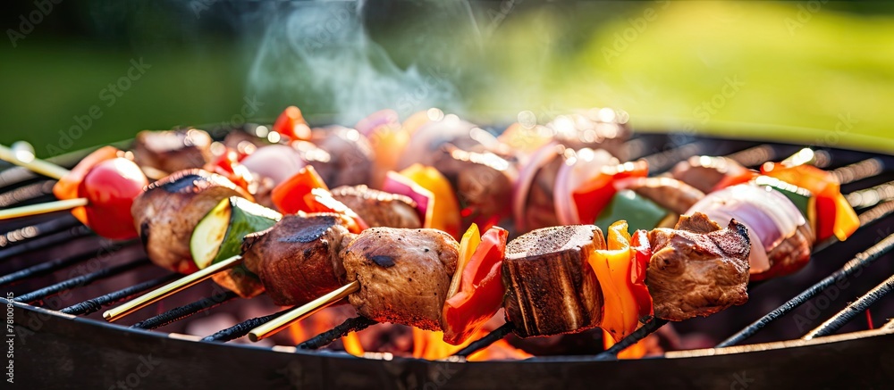 Poster Variety of skewered meats and vegetables cooking on a grill, creating a delicious meal outdoors with flavors blending together