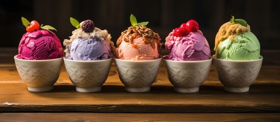 Variety of delicious ice cream flavors served in four bowls, creating a tempting dessert assortment