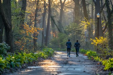 Fototapeta premium Two joggers enjoy a peaceful run on a sun-drenched path through a verdant park.
