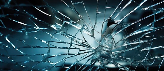 A figure is visible in the background through a close-up of a shattered glass window