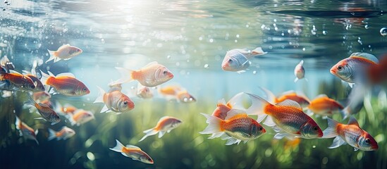 A school of various fish gliding together harmoniously beneath the water's surface - obrazy, fototapety, plakaty