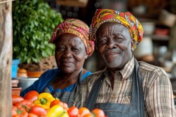 Fototapeta premium A joyful elderly couple smiles in a kitchen, surrounded by fresh produce, sharing a love for cooking.