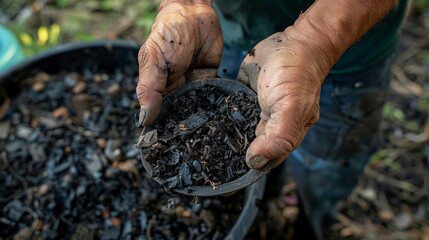 A pair of hands scoops up a handful of rich dark compost ready to be used as a natural fertilizer in the farms fields and gardens. . - obrazy, fototapety, plakaty