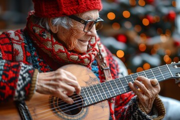 Smiling elderly woman in festive wear strums a guitar, holiday lights twinkling softly in the background.