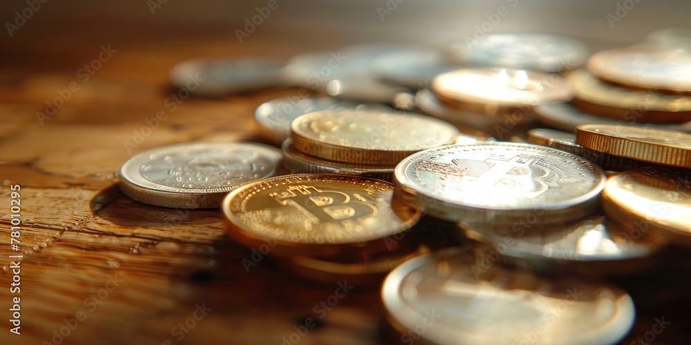 Poster a pile of coins with a b on one of them. the coins are of different sizes and colors