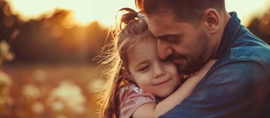 A man is tenderly hugging a young girl in a beautiful green meadow under the warm sun - obrazy, fototapety, plakaty