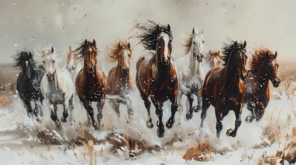 portrait oil painting features  a group of  majestic  horses galloping in the row, luxury vintage moody farmhouse wall art, digital art print, wallpaper, background - obrazy, fototapety, plakaty