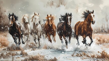 portrait oil painting features  a group of  majestic  horses galloping in the row, luxury vintage moody farmhouse wall art, digital art print, wallpaper, background - obrazy, fototapety, plakaty