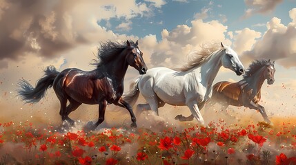 portrait oil painting features  a group of  majestic  horses galloping, luxury vintage moody farmhouse wall art, digital art print, wallpaper, background - obrazy, fototapety, plakaty
