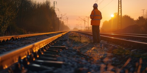 A man in an orange safety vest stands on a railroad track. The sun is setting in the background, casting a warm glow over the scene. The man is inspecting the tracks - obrazy, fototapety, plakaty