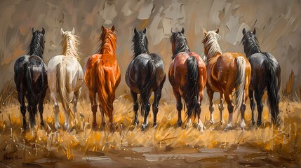portrait oil painting features  a group of  majestic  horses standing in the row, luxury vintage moody farmhouse wall art, digital art print, wallpaper, background - obrazy, fototapety, plakaty