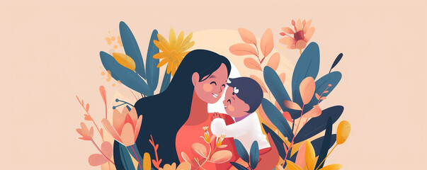 Cute asian latina mother holding child daughter son flower garden mother's day family love copy space illustration