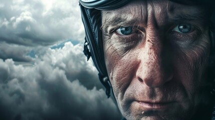 A closeup of a pilots face framed against a dramatic backdrop of dark storm clouds. The intense gaze and serious expression convey the bravery and determination required to navigate . - obrazy, fototapety, plakaty
