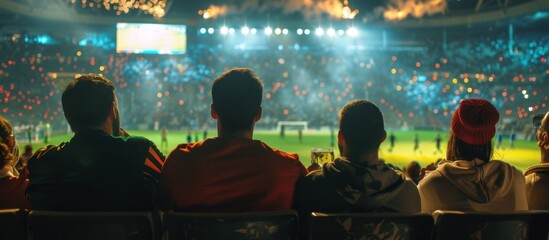 Large crowd of excited spectators gathered in a stadium to watch a thrilling football match on a huge screen