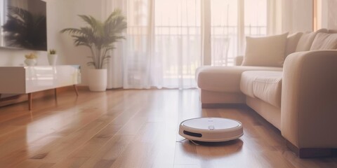 A white robot vacuum cleaner is in a living room with a couch and a potted plant. The room is clean and well-lit, giving off a cozy and comfortable atmosphere