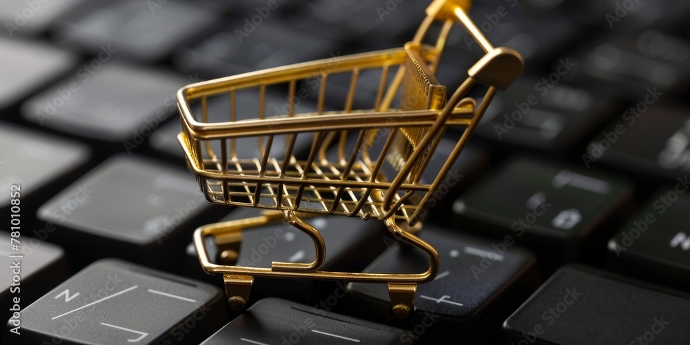 Poster a gold shopping cart is on a keyboard. the cart is on the keyboard in a way that it looks like it is