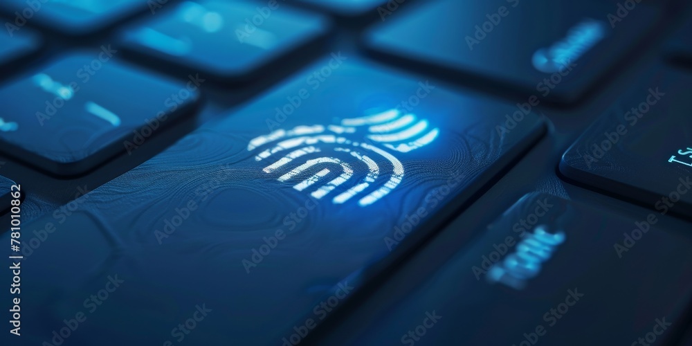 Poster a blue keyboard with a fingerprint symbol on it. concept of security and trust, as the fingerprint s