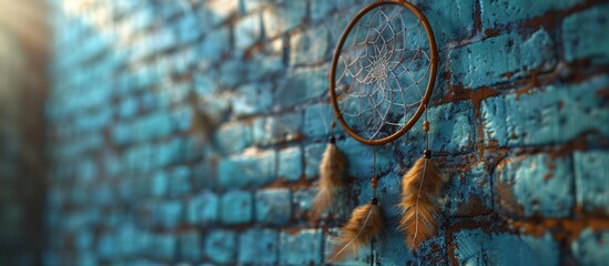 A detailed view of a wall featuring a dream catcher suspended from it, capturing intricate design elements and textures - obrazy, fototapety, plakaty