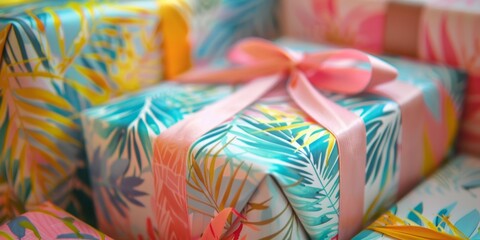 Fototapeta na wymiar A stack of colorful presents with a pink ribbon tied around them. The presents are decorated with a tropical theme, featuring palm trees and other tropical elements. Scene is festive and joyful