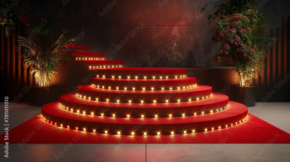 Poster make a statement with this elegant podium featuring a striking red carpet design and flashing camera