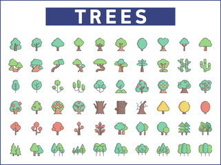 Set of trees and plant cast Icons line style. Contains such Icons as nature, park, green, forest, wood, landscape, pine tree, tropical And Other Elements.