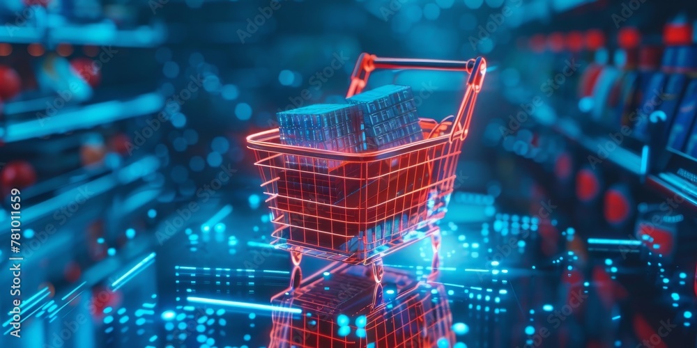 Poster a shopping cart with a bunch of items in it. the cart is red and has a glowing effect