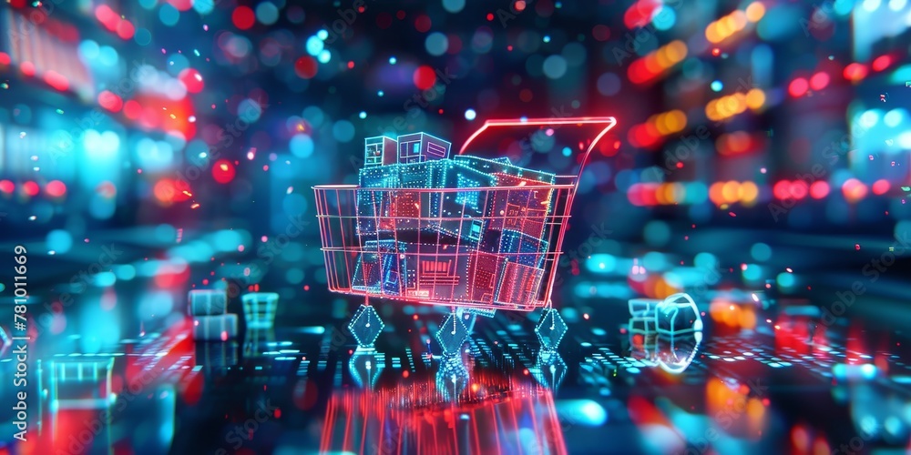 Poster a shopping cart is shown in a cityscape with bright lights and a futuristic feel. the cart is surrou