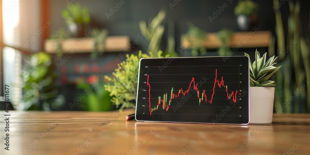 Poster a tablet with a graph on it is on a table next to some plants. the graph shows a downward trend, whi