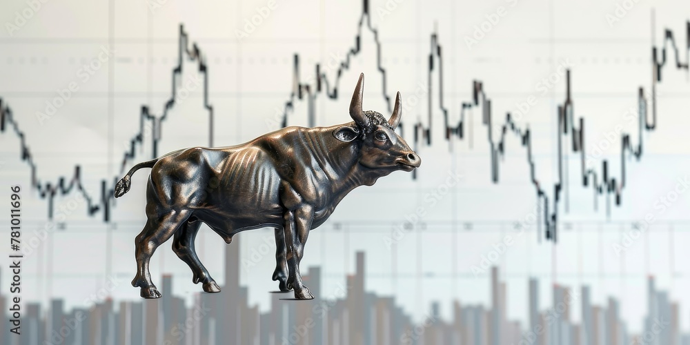 Aufkleber a bull statue is standing in front of a graph of stock prices. the bull is a symbol of strength and 