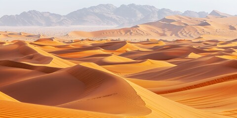 A desert landscape with sand dunes and mountains in the background. The scene is peaceful and serene, with the sun shining brightly on the sand