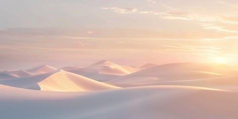 A desert landscape with a sun setting in the background. The sky is a mix of pink and orange hues, creating a serene and peaceful atmosphere. The sand dunes are covered in a light layer of snow