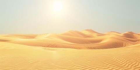 Fototapeta na wymiar A desert landscape with a sun in the sky. The sun is shining brightly on the sand dunes, creating a warm and inviting atmosphere. The vast expanse of sand stretches out in all directions