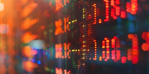 A close up of a stock market display with red and blue lights. Concept of urgency and excitement as the stock prices fluctuate rapidly - obrazy, fototapety, plakaty