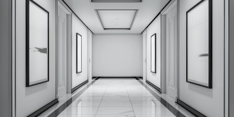 A long hallway with white walls and black frames. The hallway is empty and has no people or furniture