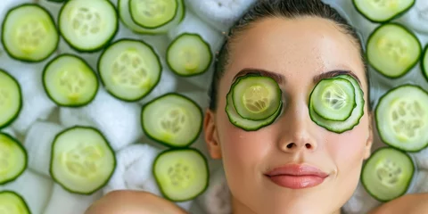 Foto op Plexiglas A woman is laying on her back with cucumber slices on her eyes © kiimoshi