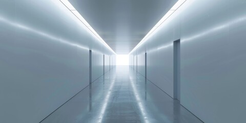 A long hallway with white walls and a white door. The hallway is empty and the light is on