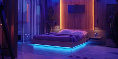A bedroom with a purple bed and a white nightstand. The room is lit with blue lights