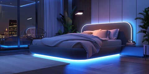 A bedroom with a bed that has a blue light underneath it. The room is dimly lit and has a modern feel