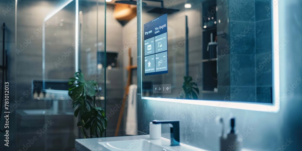 Poster a bathroom with a large mirror and a plant in front of it. the mirror has a digital screen that disp