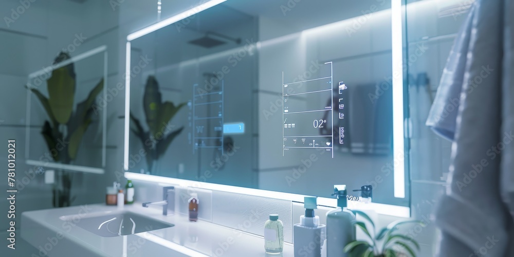 Poster a bathroom with a mirror that has a digital screen on it. the mirror is reflecting the image of a pe