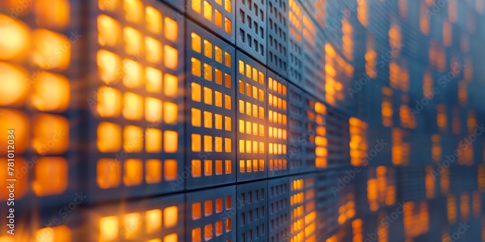 Poster a wall of squares with a yellowish glow. the squares are all different sizes and are arranged in a w